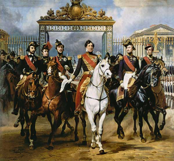 Louis Philippe und seine Söhne zu Pferde beim Verlassen von Schloss Versailles. von Emile Jean Horace Vernet