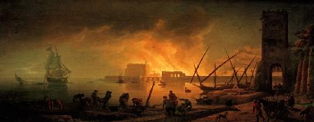 Harbour fire at night