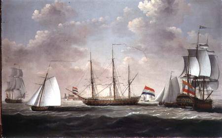 The East Indiaman 't Slot ter Hooge' and other shipping in a brisk breeze off a Dutch port, possibly von Engel Hoogerheyden
