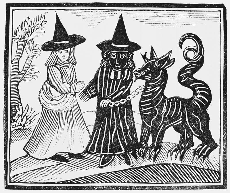 A Black and a White Witch with a Devil Animal, illustration from a collection of chapbooks on esoter von English School