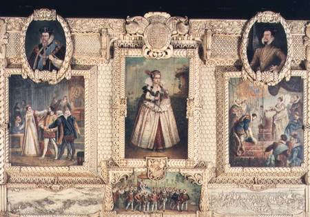 Collection of six miniatures depicting Queen Elizabeth I, figures and scenes from her life von English School