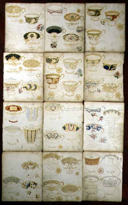 Designs for teacups produced at the Daniel Factory, Staffordshire von English School