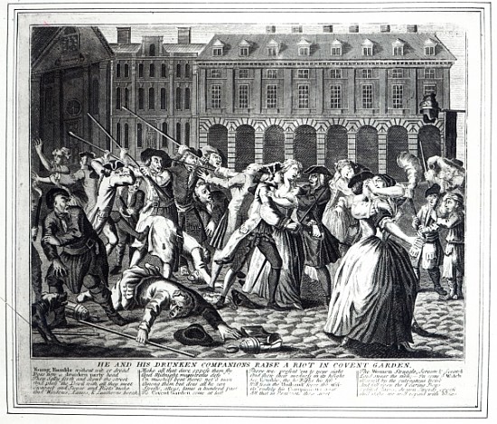He and His Drunken Companions Raise a Riot in Covent Garden, from a pirated series based on Hogarth' von English School