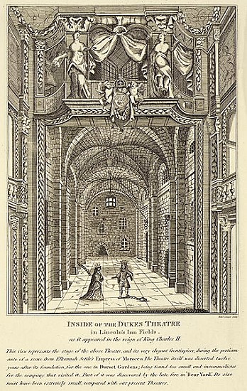 Inside of the Dukes Theatre in Lincoln''s Inn Fields as it appeared in the reign of King Charles II; von English School