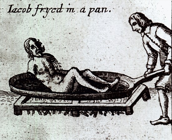 Jacob Fryed in a Pan, illustration from ''General Martyrology'' by Samuel Clarke (1599-1682) publish von English School