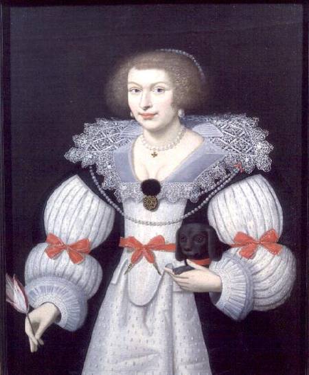 Portrait of a lady holding a dog and a tulip von English School