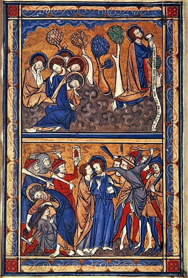 The Agony in the Garden and the Betrayal of Christ, leaf from a psalter, c.1270 (tempera, ink & gold von English School