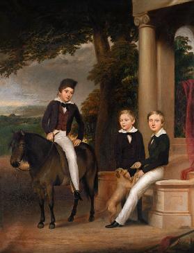 Portrait of John, George and Thomas Gladstone with their favourite pets c.1840