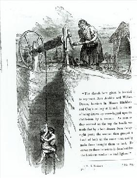 A boy and girl being wound up a mine shaft, illustration printed in the ''Westminster Review'', July