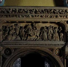 Carved fireplace in the drawing room, depicting Elizabeth I being greeted by the Earl of Hereford in 16th centu