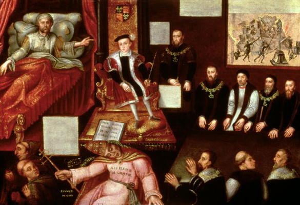 King Edward VI (1537-53) and the Pope, c.1570 (oil on panel) von English School, (16th century)