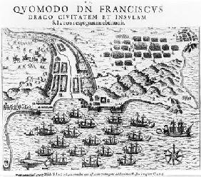 Plan Showing how Francis Drake (c.1540-96) Stormed and Held the Island of San Jacob (engraving) (b/w 17th