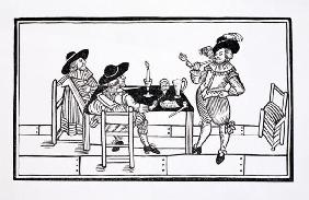 Vintners in a Tudor ale house, from a broadsheet 'Health to All', 1642 (woodcut) 1738