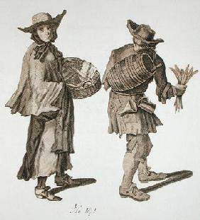 'Buy a new Almanac! Fine writing ink!', illustration of street sellers around 1675 (engraving) 18th