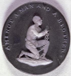 Wedgwood jasper medallion decorated with a slave in chains and inscribed with 'Am I not a Man and a