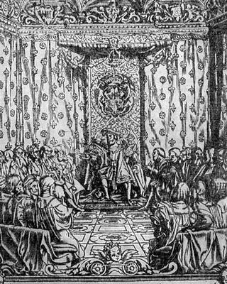 King Henry VIII (1491-1547) in Parliament, from a contemporary print (engraving) von English School, (19th century)