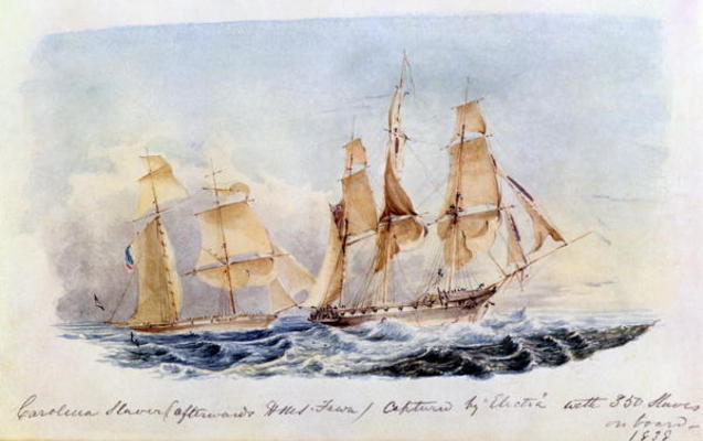 The Slaver 'Carolina' (afterwards HMS 'Fawn') captured in 1838 by the 'Electra' with 350 Slaves on B von English School, (19th century)