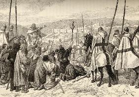 Pilgrims under escort of Knights Templar in front of Jerusalem in the 12th century (engraving) 17th