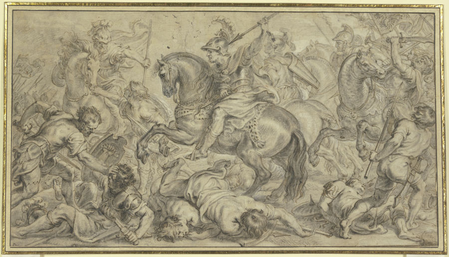 Eine Schlacht, in der Mitte ein Heerführer zu Pferde, den Wurfspieß in der Hand von Erasmus Quellinus d. J.