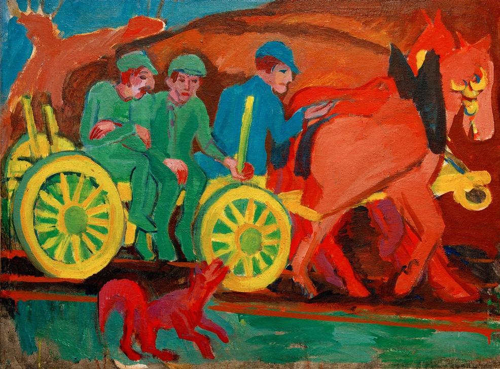 Pferdegespann mit drei Bauern von Ernst Ludwig Kirchner