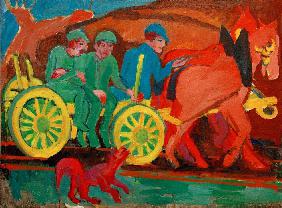 Pferdegespann mit drei Bauern 1920