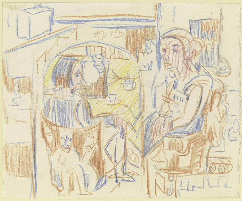 Zwei Frauen am Kaffeetisch in Kirchners Atelier von Ernst Ludwig Kirchner
