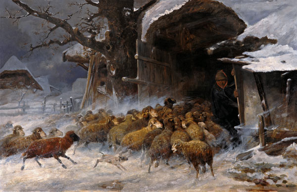 Schafherde, die vor einem Schneetreiben in den Staal gebracht wird. von Ernst Meissner