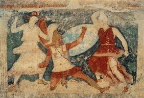 Two Amazons in combat with a Greek, from Tarquinia 370-360 BC