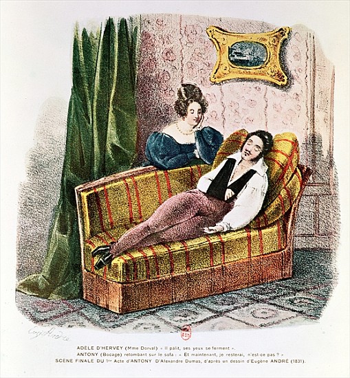 Marie Dorval (1798-1849) in the role of Adele d''Hervey and Bocage (1797-1863) as Antony, in the fin von Eugene Andre