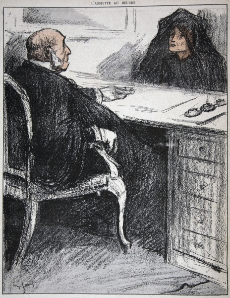 Widow with a justice official, illustration from ''L''assiette au Beurre: Les Fonctionnaires'', 9th  von Eugene Cadel
