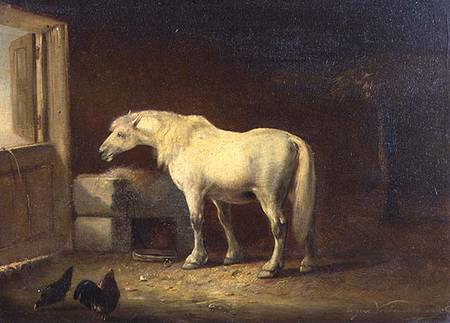 White horse in a stable (panel) von Eugène Joseph Verboeckhoven