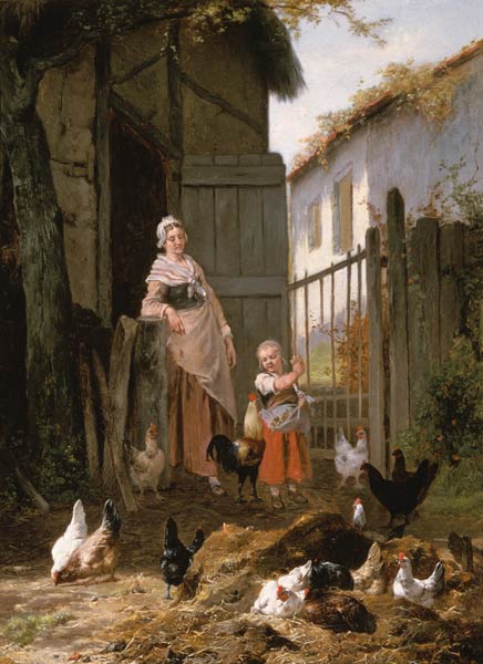 Beim Hühnerfüttern (Zusammen mit Jan David Col, 1822-1900) von Eugène Remy Maes