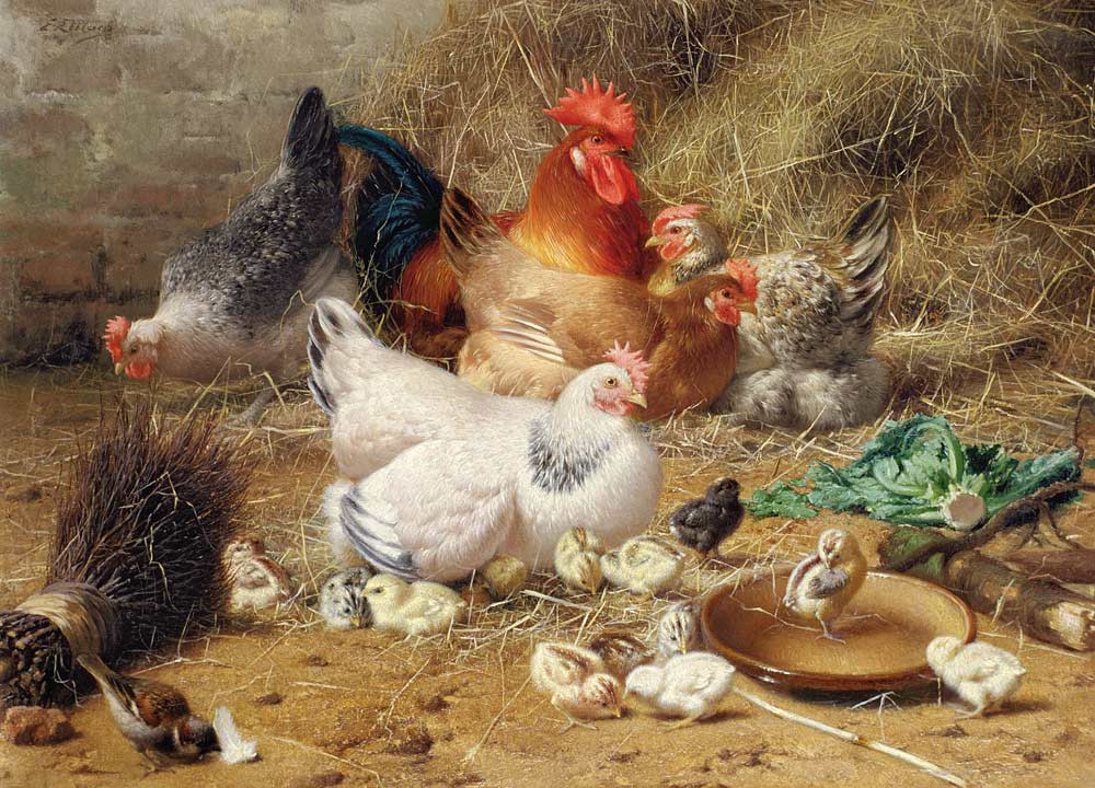 Hens roosting with their chickens von Eugène Remy Maes