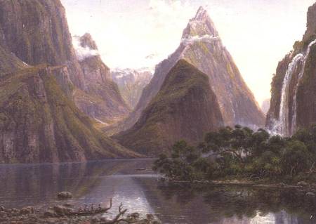 Native figures in a canoe at Milford Sound, West Coast of South Island, New Zealand, also depicted a von Eugene von Guerard