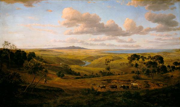 Landschaft bei Geelong (Australien) mit Ochsenkarren 1856