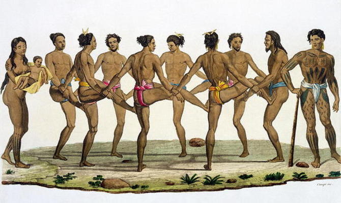 Dance of the Caroline Islanders, plate 22 from 'Le Costume Ancien et Moderne' by Jules Ferrario, pub von Felice Campi