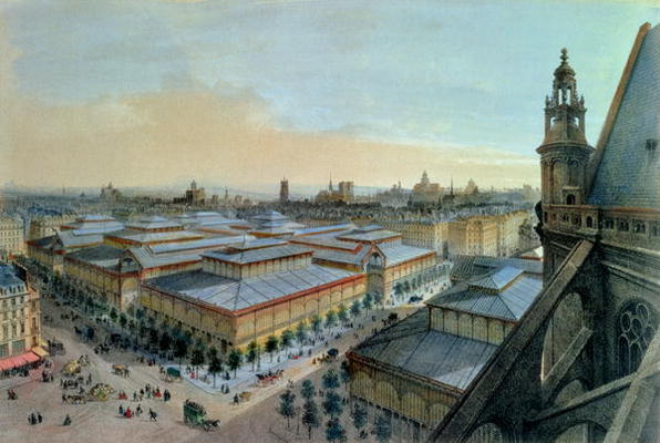 View of Les Halles in Paris taken from Saint Eustache upper gallery, c. 1870-80 (colour litho) von Felix Benoist