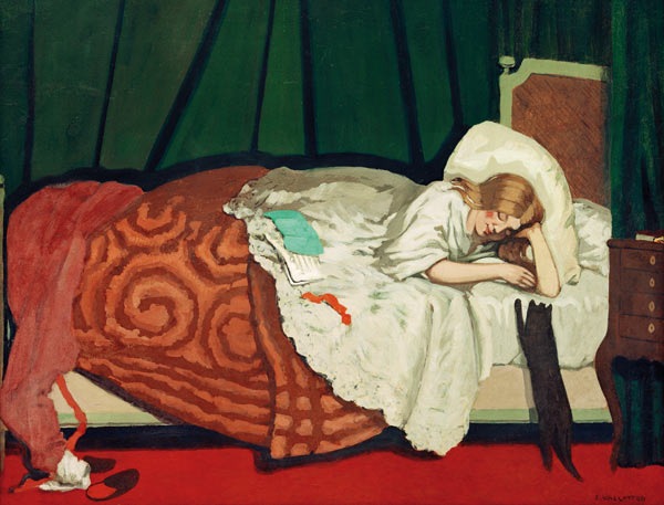 Femme couchée jouant avec un chat von Felix Vallotton