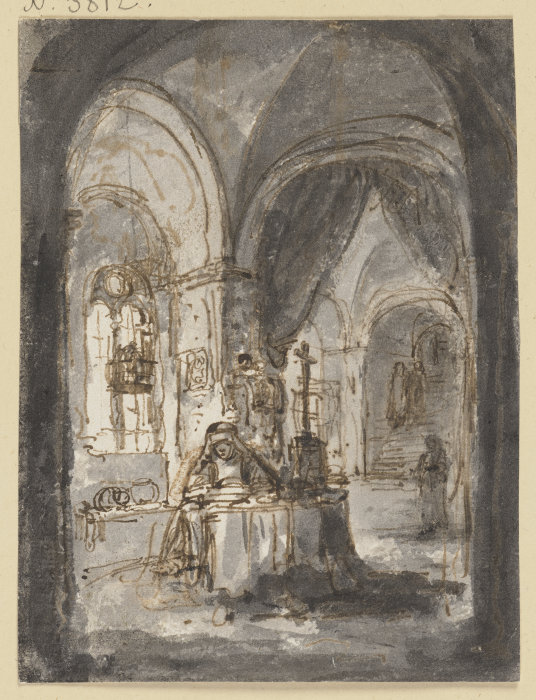 Eine Nonne sitzt in einer Kirche am Altar von Ferdinand Bol