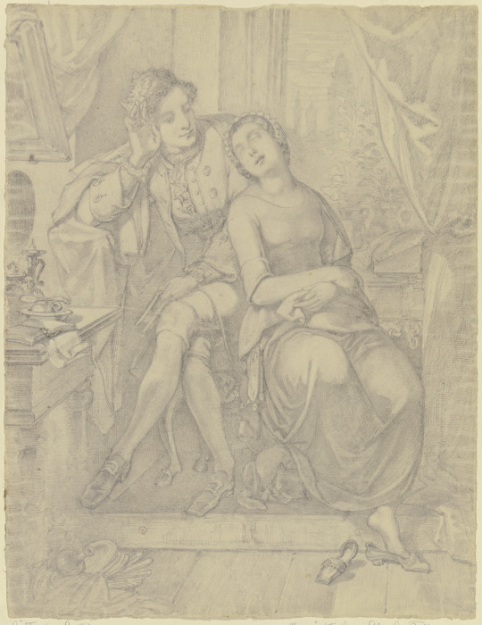 Ein Dichter bei einem eingeschlafenem Mädchen (Goethe und Gretchen?) von Ferdinand Fellner
