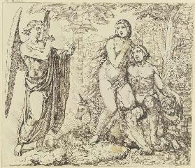 Ein Engel überbringt Adam und Eva Gottes Verbot, vom Baum der Erkenntnis des Guten und Bösen zu esse