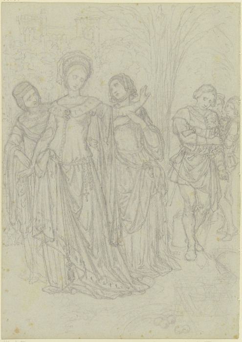 Ungedeutete Szene: Fürstin mit einem Rosenkranz am Gürtel, einen Jüngling abweisend von Ferdinand Fellner