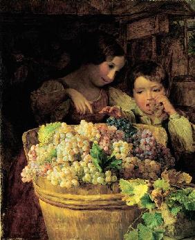 Zwei Kinder an einer mit Trauben gefüllten Bütte 1834