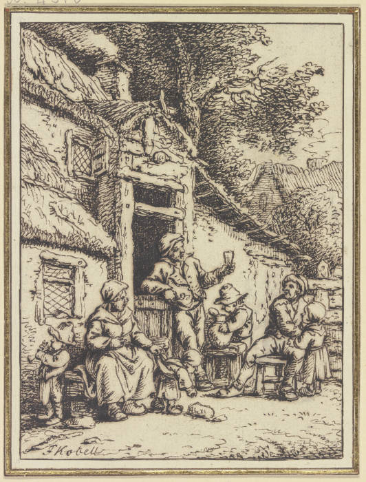 Bauernpaar mit fünf Angehörigen vor einem Haus von Ferdinand Kobell