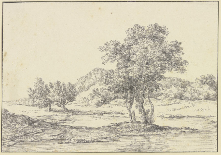 Baumgruppe am Wasser, links zwei Weidenbäume, im Hintergrund Berge von Ferdinand Kobell