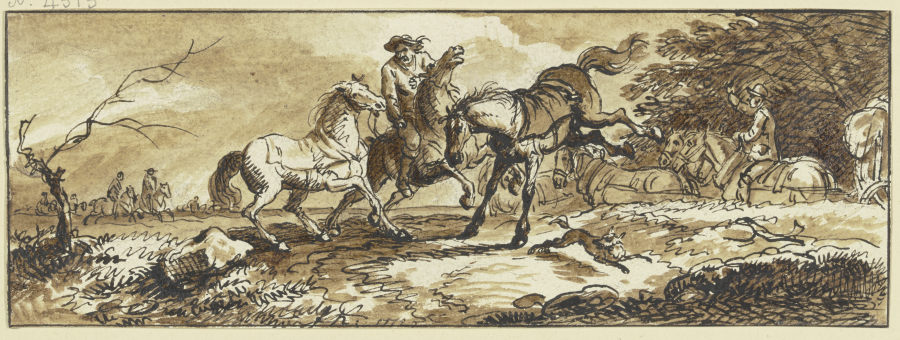 Reiter mit zwei Handpferden, eines schlägt aus, im Hintergrund ein Fuhrwerk und andere Reiter von Ferdinand Kobell