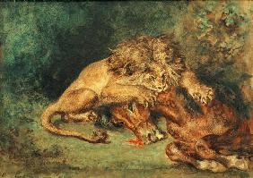 Löwe, ein Pferd reißend 1844