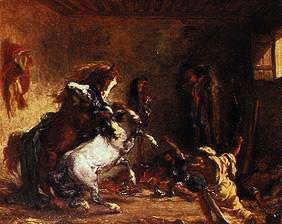 Kämpfende Araberpferde in einem Stall 1860