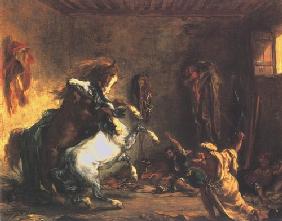 Kämpfende arabische Pferde in einem Stall 1860