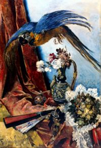Papagei, über einem Stillleben fliegend. von Ferdinand Wagner